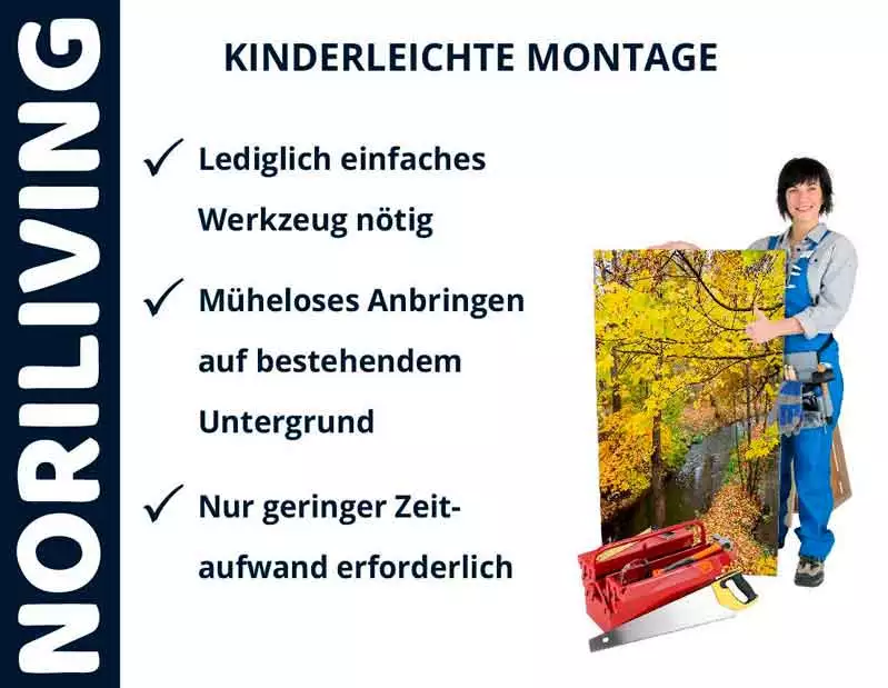 Werbung für Noriliving Produkte mit einfacher Montage: Frau zeigt auf Leinwand mit herbstlicher Landschaft, daneben Werkzeugkoffer.