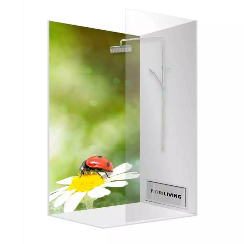 Duschkabine mit Marienkäfer auf Gänseblümchen-Motiv, modernes Bad-Design
