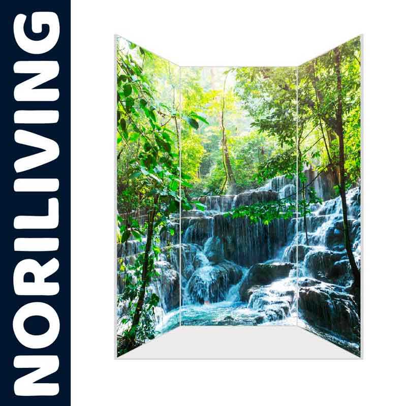 Dreiteiliger Paravent von Noriliving mit natürlichem Wasserfall-Motiv und üppigem Grün