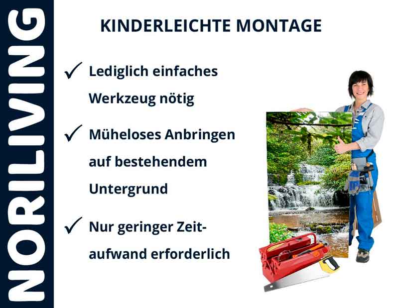 Frau präsentiert Montageset mit kinderleichter Montage, minimalem Werkzeugeinsatz und geringem Zeitaufwand