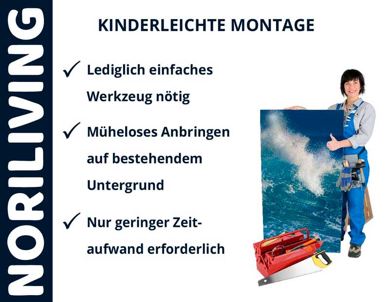 Noriliving - Einfache Montage mit minimalem Werkzeug und Aufwand Werbung für Noriliving mit einer Frau, die ein Bild hält und auf kinderleichte Montage hinweist.