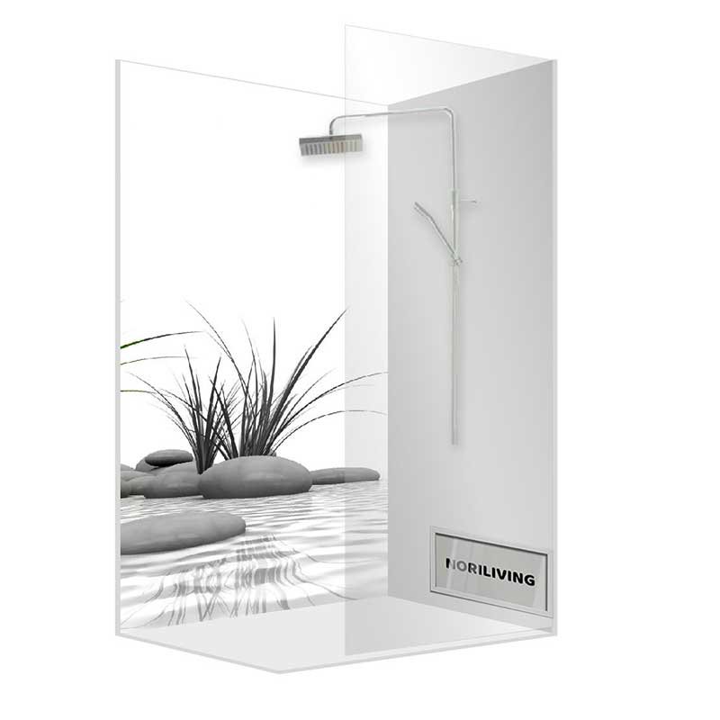 Walk-In-Dusche mit Naturmotiv und Regenduschkopf