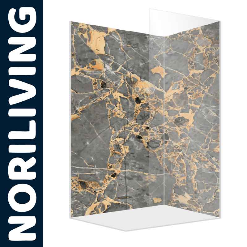 Duschwand mit elegantem Marmoreffekt in Grau und Gold von Noriliving