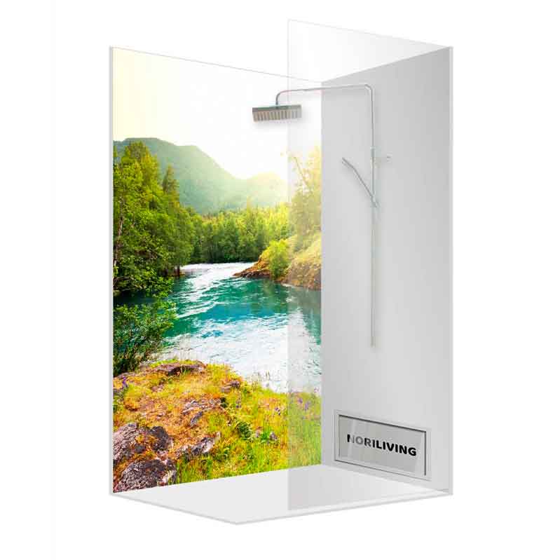 Glasdusche mit Naturmotiv Wasserfall für ein entspannendes Duscherlebnis Glasdusche mit einem Naturmotiv eines Wasserfalls, das eine entspannende Atmosphäre schafft