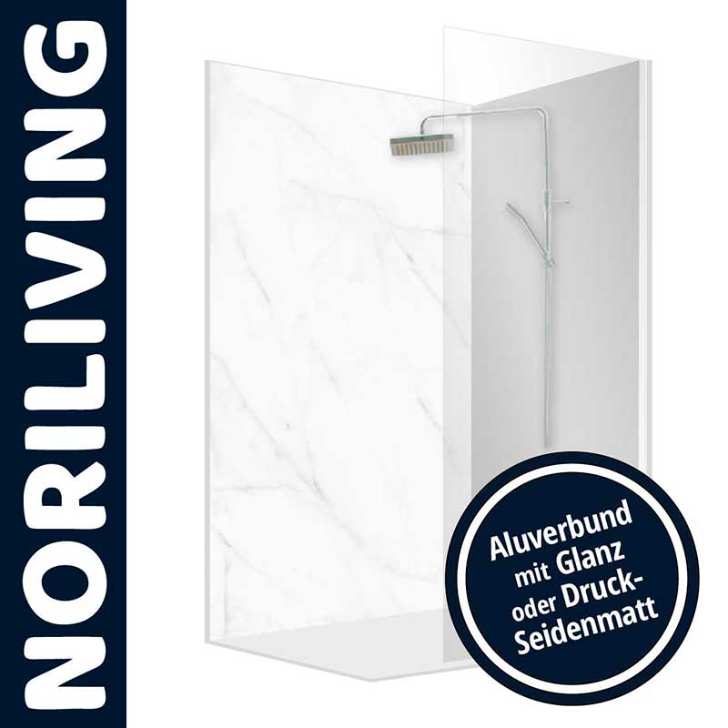Bild einer Duschabtrennung aus Aluverbund mit glänzender oder seidenmatter Oberfläche der Marke Noriliving