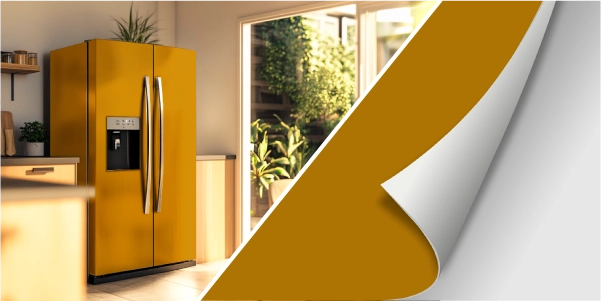 Moderner orangefarbener Kühlschrank in stilvoller Küche Orangefarbener Side-by-Side-Kühlschrank in einer modernen Küche mit Pflanzen im Hintergrund