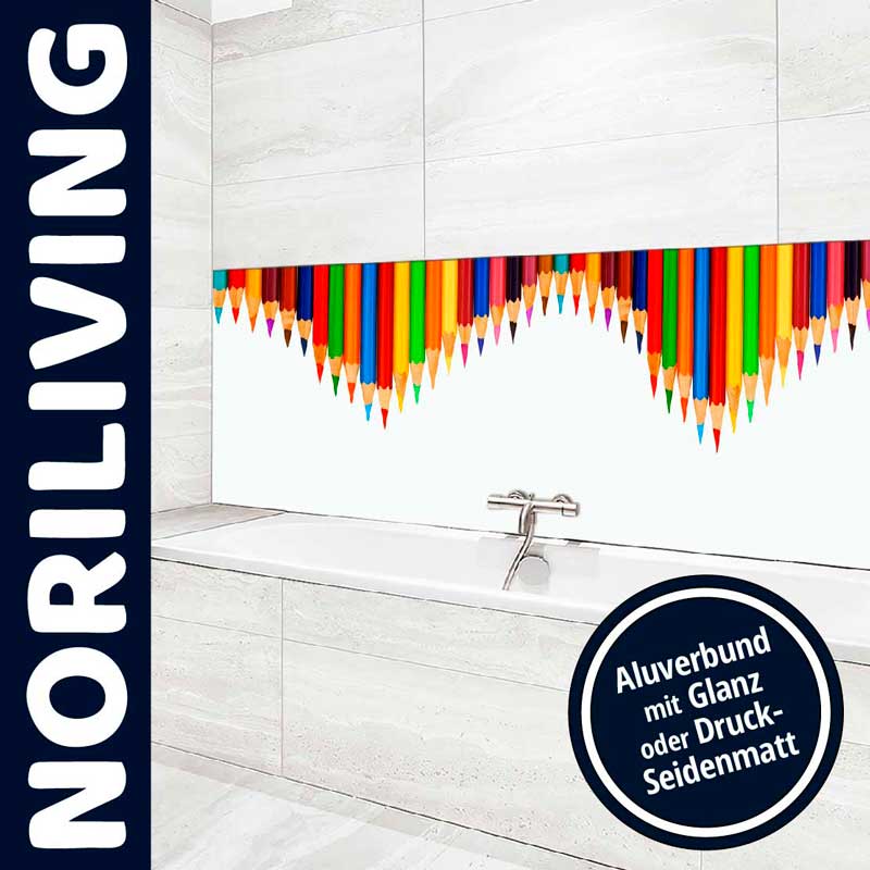 Bunte Küchenrückwand aus Aluverbund mit Buntstift-Design, passt in moderne Küchen.