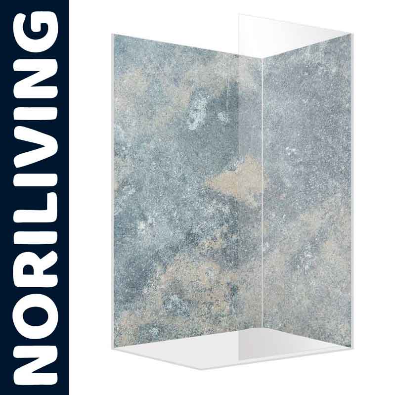 Transparenter NORILIVING Spritzschutz in moderner Betonoptik für Eckmontage in der Küche