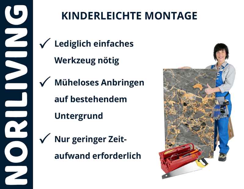 Werbung für NORILIVING: Einfache Montage von Wandpaneelen mit minimalem Werkzeug- und Zeitaufwand