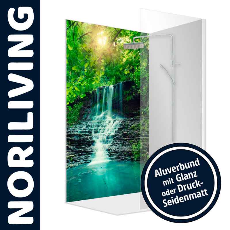 Duschwand mit tropischem Wasserfall-Motiv von Noriliving, Aluverbundoberfläche in Glanz oder Seidenmatt