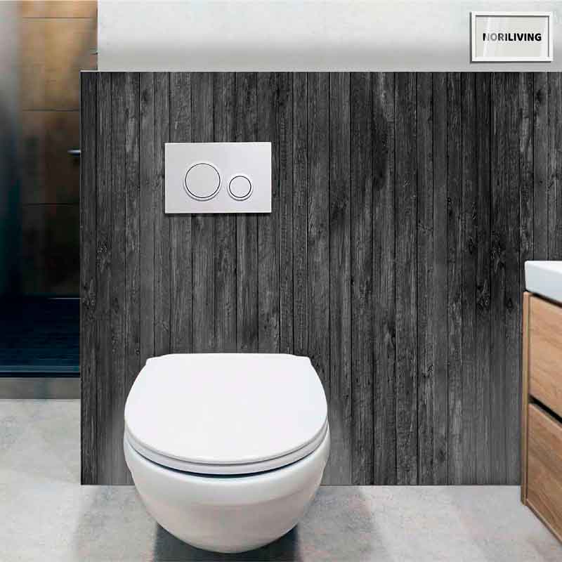 Moderner Badezimmerbereich mit Wandtoilette, dunkler Holzverkleidung und einem Spülsystem mit zwei Tasten.