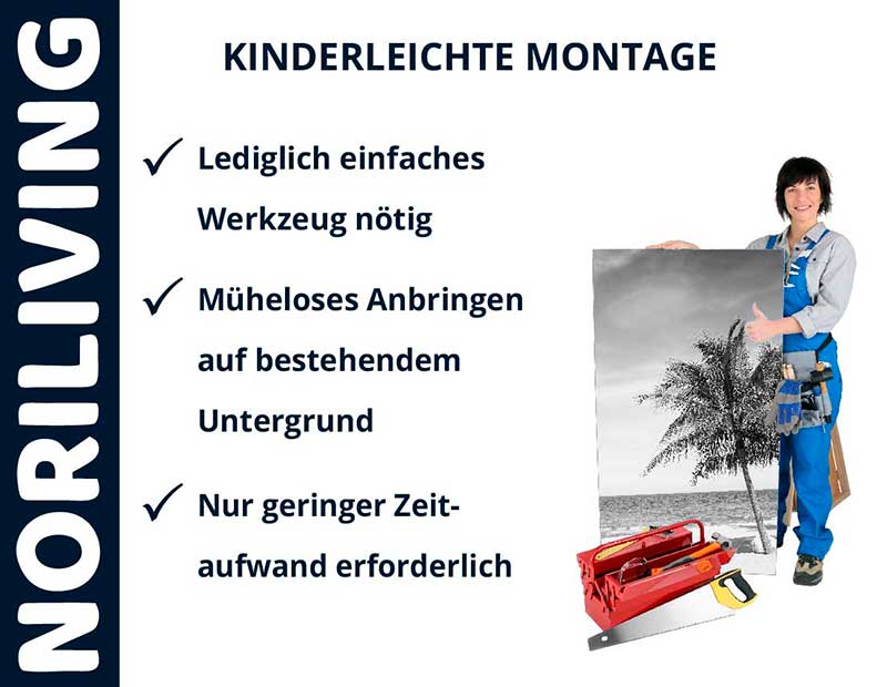 Noriliving Plakat zeigt einfache Montageanleitung mit Werkzeug und Schwarz-Weiß-Bild einer Palme