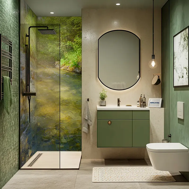 Moderner Innenraum mit grünem Waschtisch und Natur-Duschwand