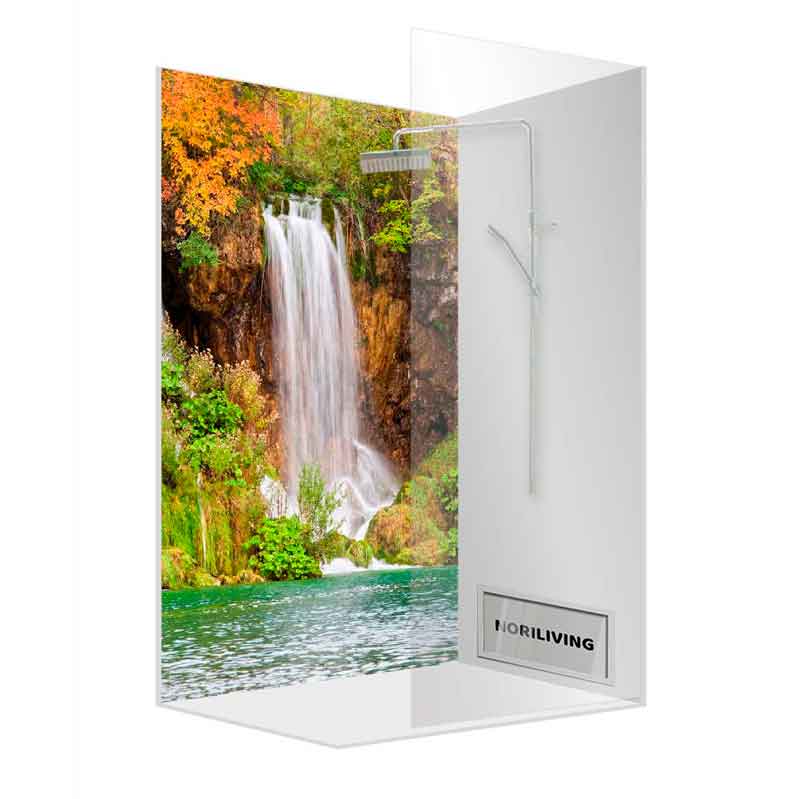 Duschrückwand mit Wasserfallmotiv und Glasduschkabine