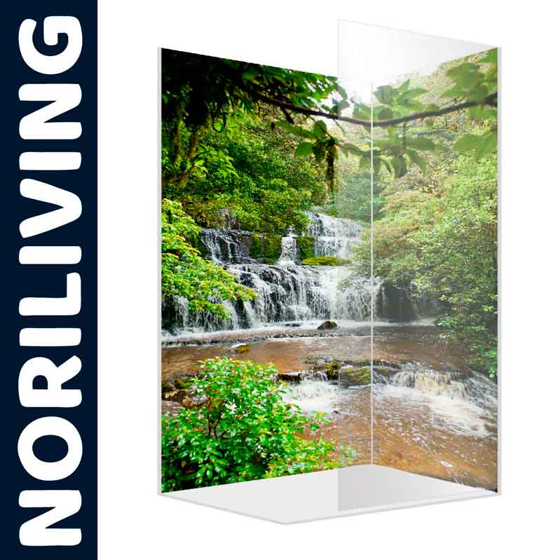 Raumteiler mit fotorealistischem Wasserfall und üppiger Natur