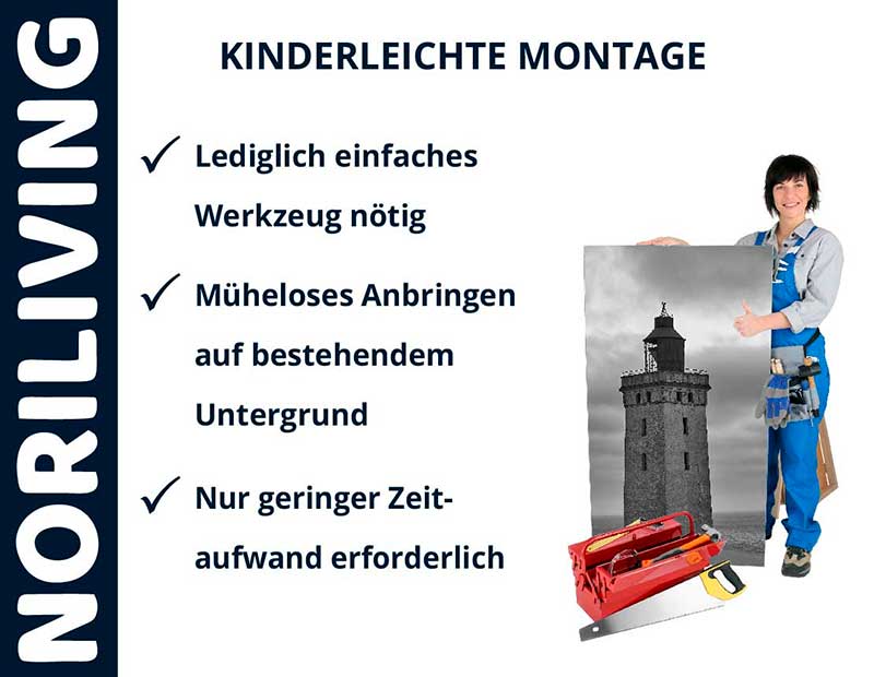 NoriLiving: Einfache Montage - Geringer Aufwand, Minimales Werkzeug NoriLiving: Handwerker zeigt einfache Montage eines Turmplakats mit minimalem Werkzeugeinsatz und geringem Zeitaufwand.