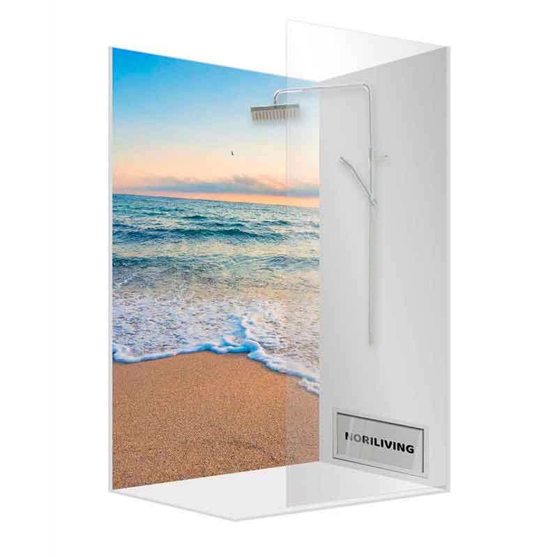 Duschkabine mit fotorealistischem Strandbild und wasserabweisender Glaswand