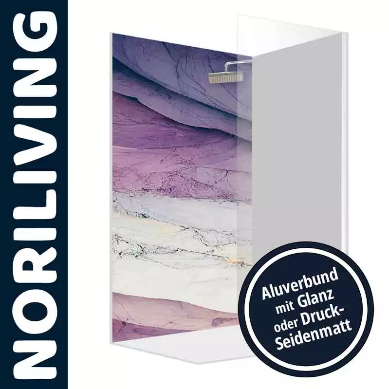 Duschabtrennung in Aluverbund mit violett-weißem Muster und Schriftzug 'Noriliving'