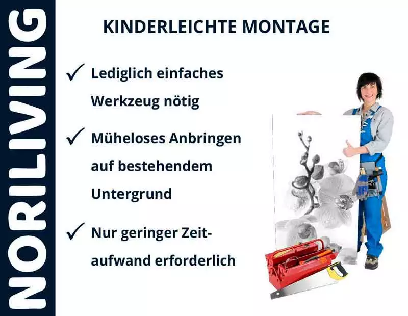 NORILIVING kinderleichte Montage, einfache Werkzeuge erforderlich, müheloses Anbringen, geringer Zeitaufwand, Person mit Werkzeug und Bild.