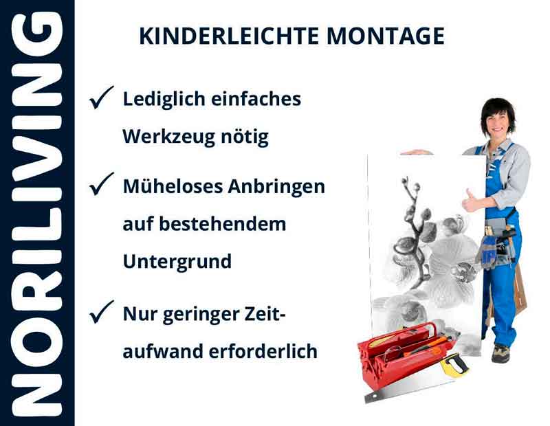 NORILIVING einfache Montage - Lediglich einfaches Werkzeug nötig, müheloses Anbringen, geringerer Zeitaufwand. NORILIVING kinderleichte Montage, einfache Werkzeuge erforderlich, müheloses Anbringen, geringer Zeitaufwand, Person mit Werkzeug und Bild.