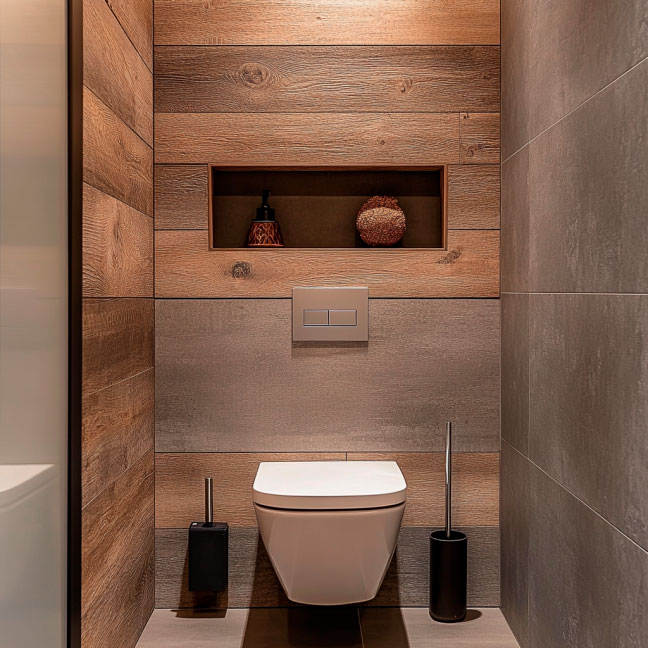 Modernes Badezimmer mit hängendem WC und Holzverkleidung Elegantes Badezimmer mit hängendem WC, Holzverkleidung und Wandnische für Dekorationen