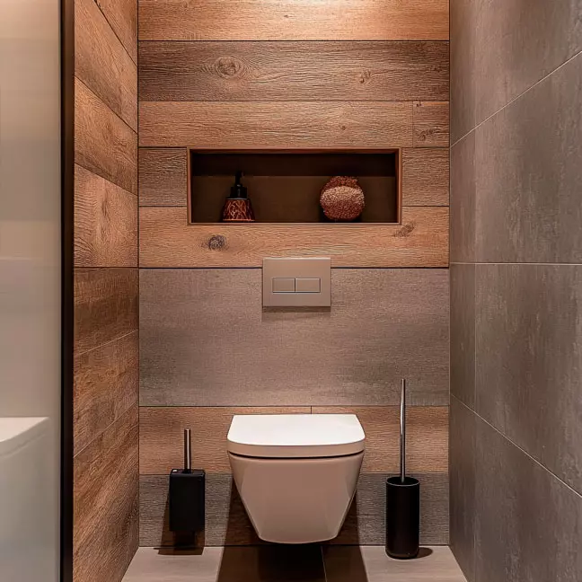 Elegantes Badezimmer mit hängendem WC, Holzverkleidung und Wandnische für Dekorationen
