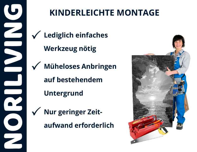Werbung für Noriliving: einfache Montage mit minimalem Werkzeug und geringem Zeitaufwand, Frau mit Bild und Werkzeugkasten