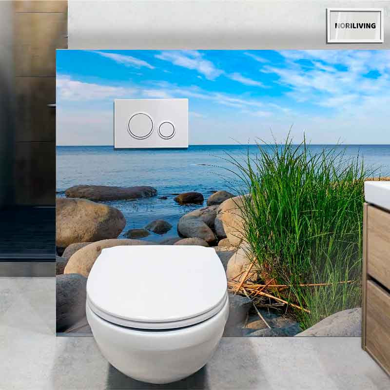 Toilette vor Wandbild eines Strandes mit Steinen und Gras Eine Toilette vor einem Wandbild eines Küstenstrandes mit großen Steinen und Gras, das eine ruhige und entspannende Atmosphäre erzeugt.