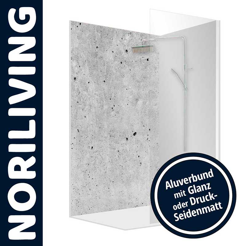 NORILIVING Aluverbund Duschpaneel mit Glanz- oder Druck-Seidenmatt-Finish Duschpaneel von NORILIVING aus Aluverbund mit Betonoptik und wählbarem Glanz- oder Druck-Seidenmatt-Finish
