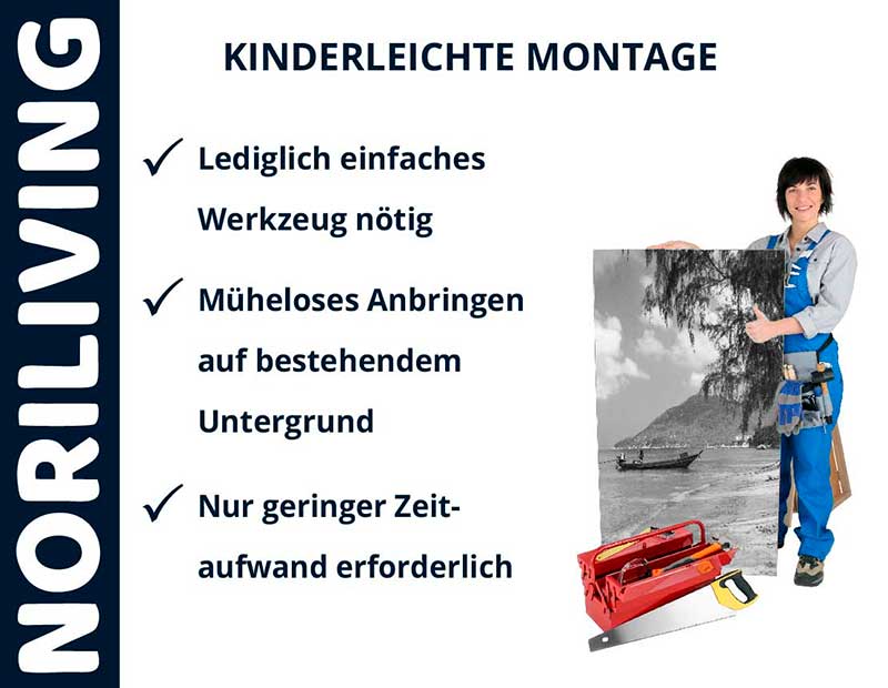 NORILIVING Werbung zur einfachen Montage: Lediglich einfaches Werkzeug nötig, müheloses Anbringen, geringer Zeitaufwand