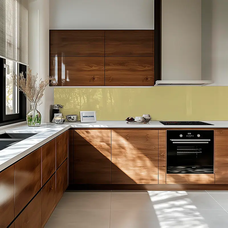 Einbauküche mit Holzfronten, mit weißer Arbeitsplatte