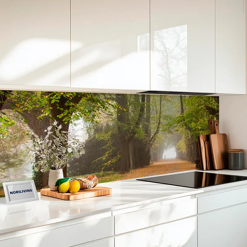 Fliesenspiegel Alu Herbstlicher Baumweg im Park mit Bänken 003