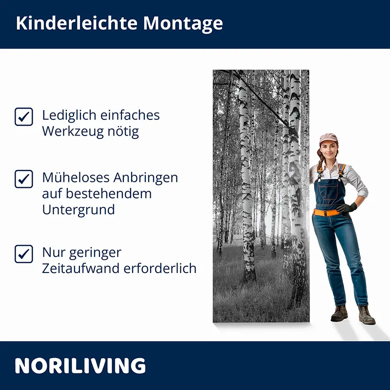 Frau neben Birkenwald-Wandbild mit Montagehinweisen