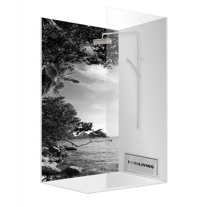 Transparente Duschwand mit Strand- und Meeresmotiv, integriertem Duschkopf