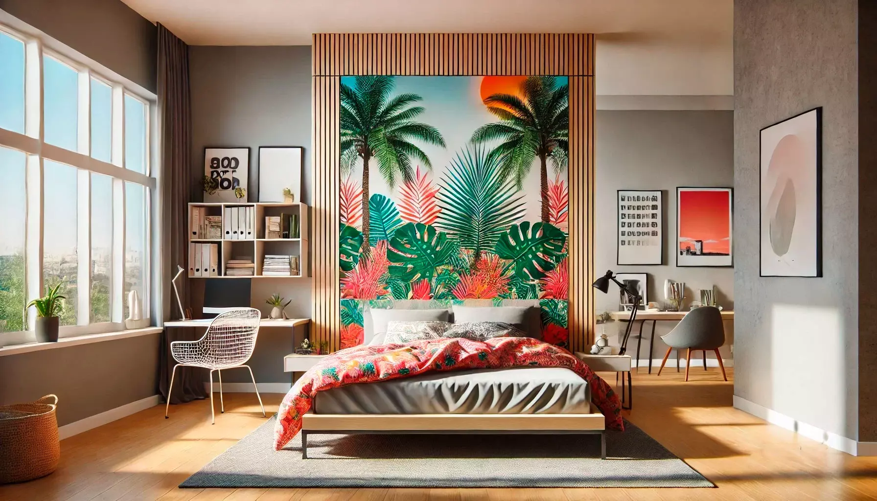 Helles und modernes Schlafzimmer mit einem tropischen Wandbild hinter dem Bett, einem Schreibtisch unter einem großen Fenster und stilvoller Dekoration.