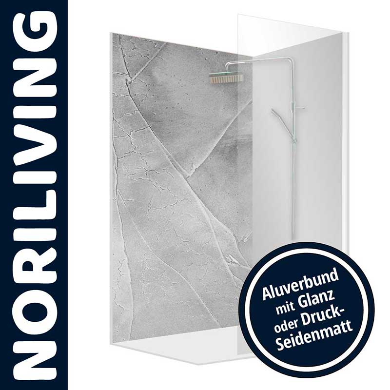 Moderne Duschrückwand aus Aluverbund in Betonoptik, erhältlich in Glanz oder Seidenmatt.