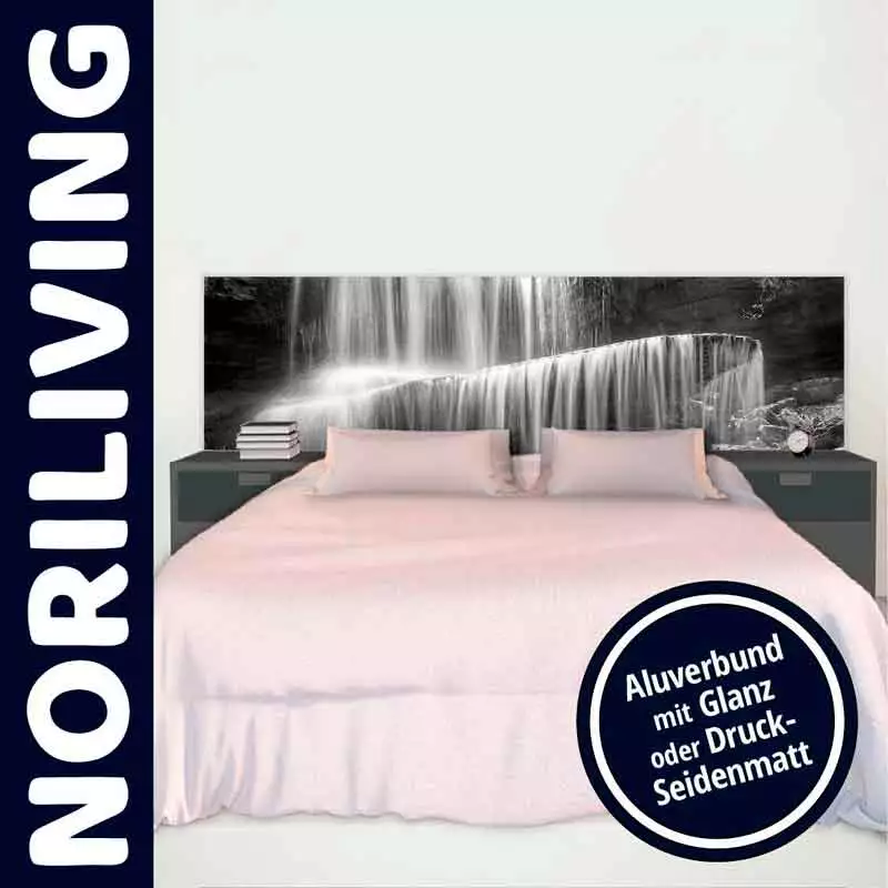 Schlafzimmer mit Bett und Wasserfall-Kopfteil von Noriliving, Aluverbund mit Glanz oder Druck-Seidenmatt