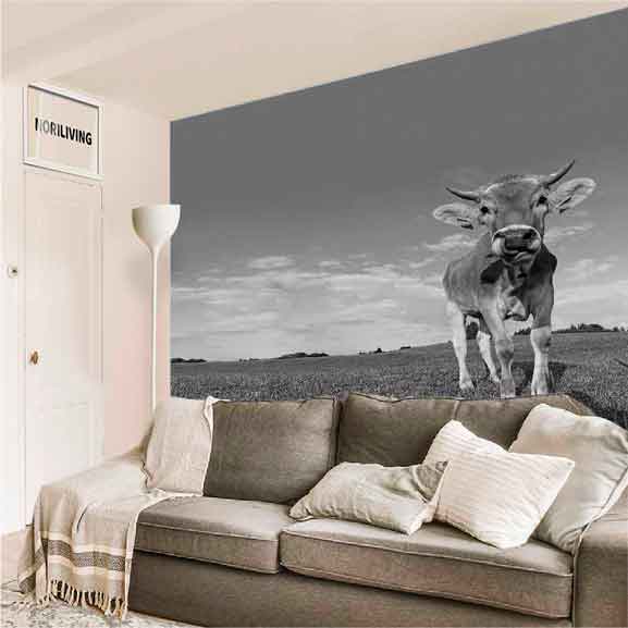 Wandgestaltung mit Fototapete einer Kuh auf einer Wiese im Wohnzimmer Fototapete einer Kuh in schwarz-weiß hinter einem Sofa im Wohnzimmer, die eine ländliche Landschaft darstellt.