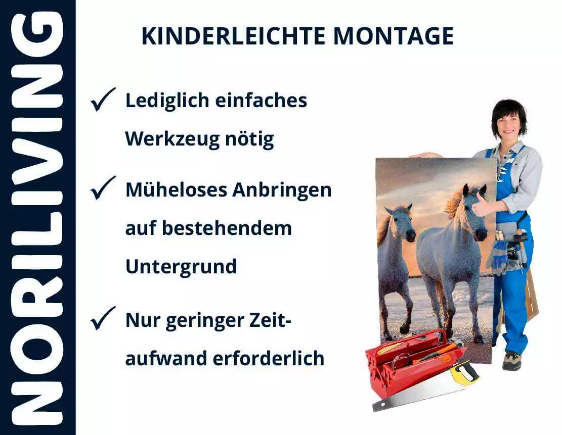 Motivbild kinderleichte Montage, Werkzeug und Person mit Bild von Pferden
