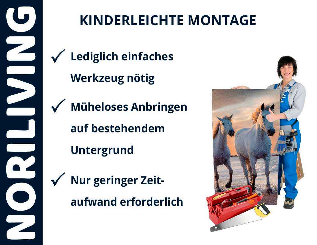 Kinderleichte Montage mit einfachem Werkzeug, müheloses Anbringen, geringer Zeitaufwand Motivbild kinderleichte Montage, Werkzeug und Person mit Bild von Pferden