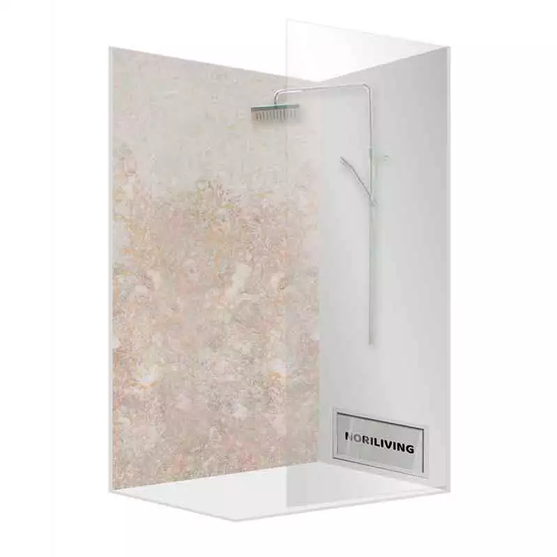 Elegante Glas-Duschwand mit Marmor-Design und integrierter Duschbrause von NORI LIVING