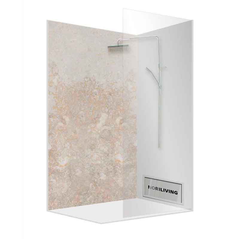 Moderne Glas-Duschwand mit Marmoroptik Elegante Glas-Duschwand mit Marmor-Design und integrierter Duschbrause von NORI LIVING
