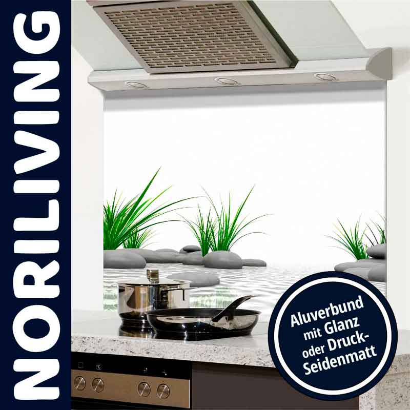 Moderne Küchenrückwand von NORILIVING mit Zen-Motiv; Aluverbund mit glänzender oder seidigmatter Oberfläche, geeignet für stilvolles Küchendesign.