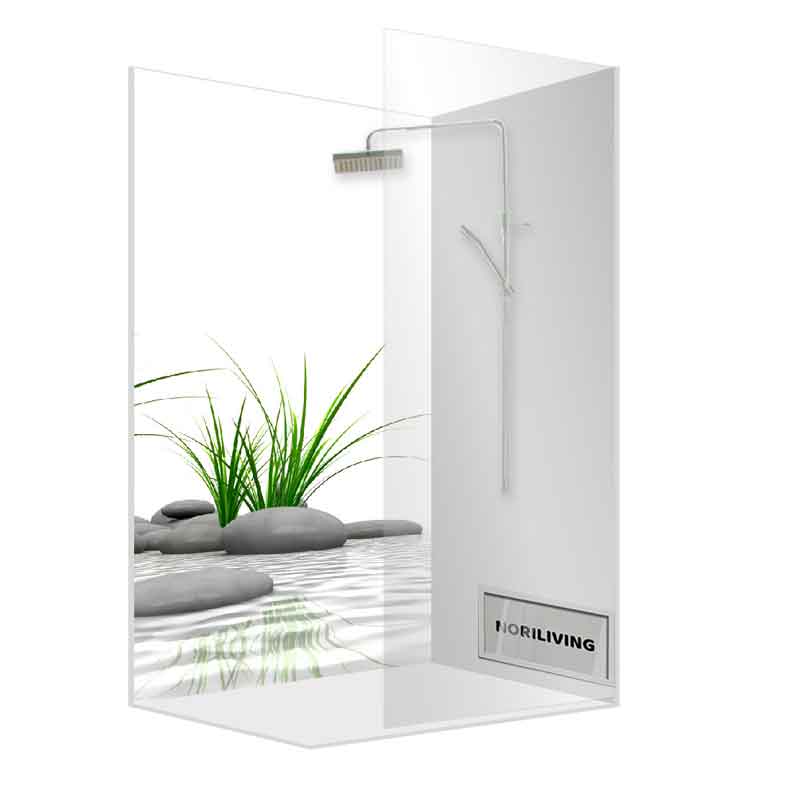 Moderne Duschkabine mit Naturmotiv – Glaswand mit Pflanzen und Steinen Duschkabine mit Glaswand, dekoriert mit grünen Pflanzen und glatten Steinen für ein beruhigendes Badeerlebnis