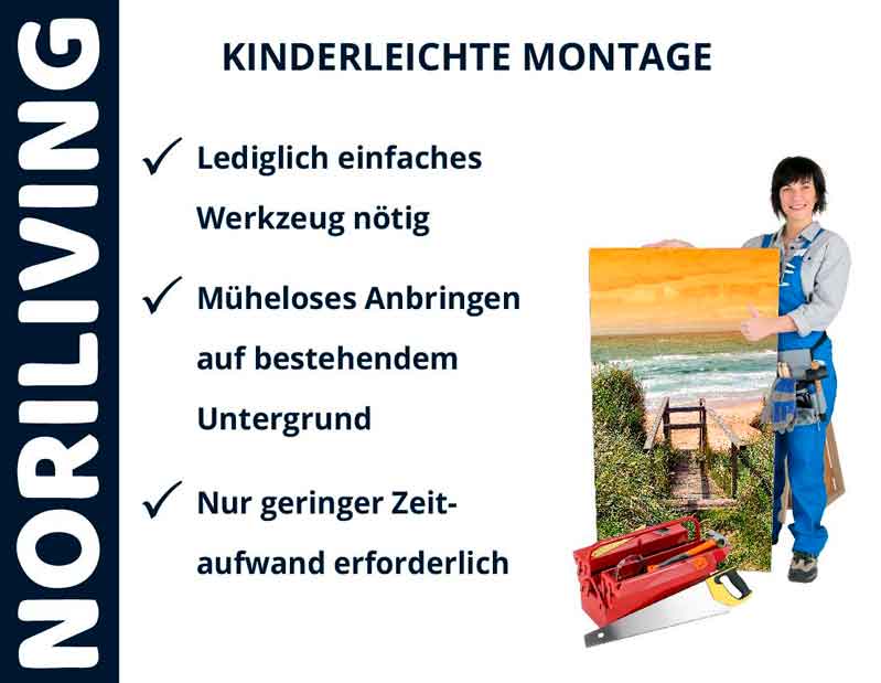 Mann hält ein Bild mit Strandmotiv. Text: Kinderleichte Montage, lediglich einfaches Werkzeug nötig, müheloses Anbringen, geringer Zeitaufwand. Noriliving.