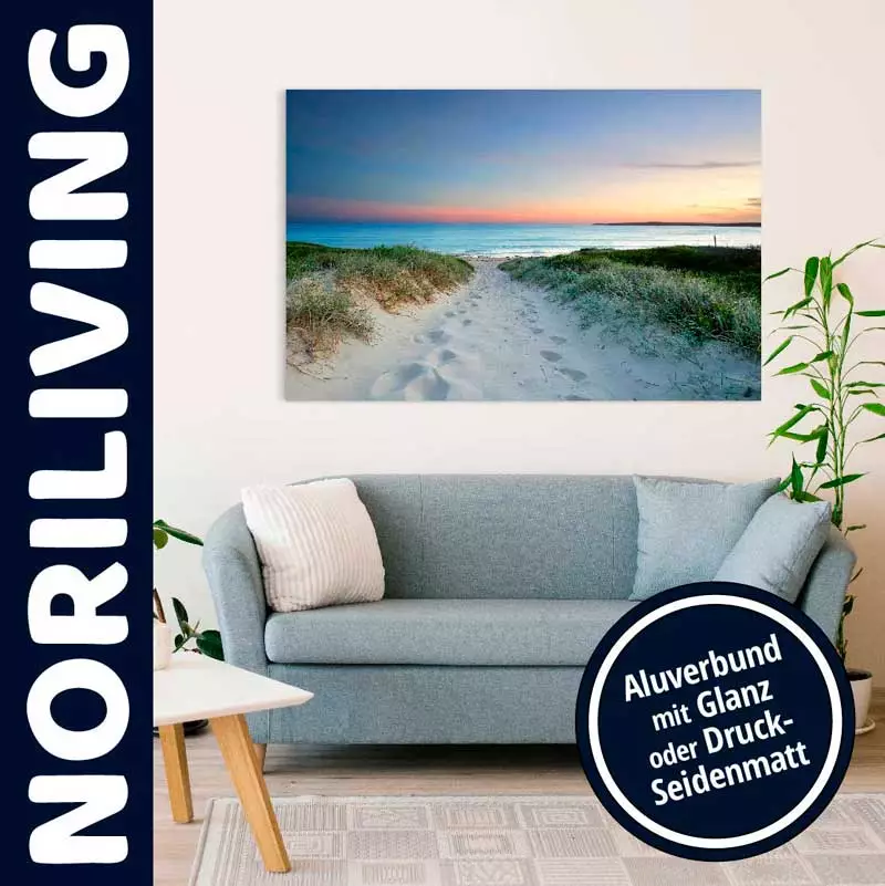 Wohnzimmer mit Leinwandbild von einem Strandweg bei Sonnenuntergang, grau-blaues Sofa und Pflanze
