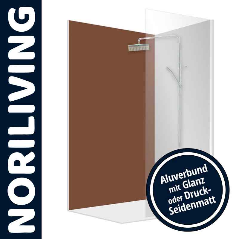 Eckdusche aus Aluverbund mit brauner Rückwand und Duschkopf