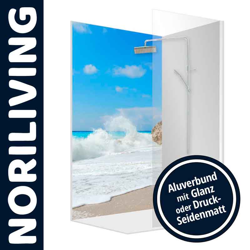 Duschwand von Noriliving mit einem Strand- und Meeresmotiv, erhältlich in Aluverbund mit glänzender oder seidenmatter Oberfläche