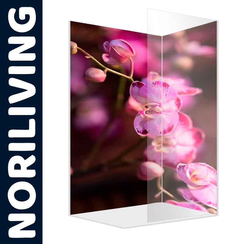 Glas-Duschwand mit hochwertigem Orchideen-Design, Marke Noriliving