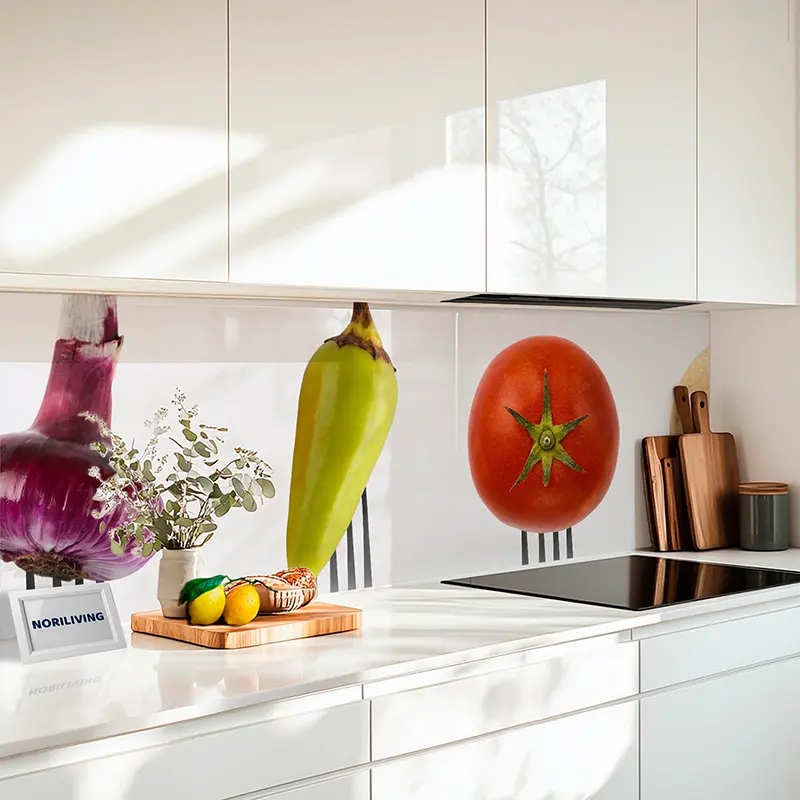 Küchenrückwand Echtglasoptik Profiline Gemüse auf Gabeln: Brokkoli, Zwiebel, Tomate 853